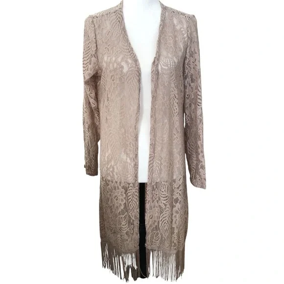 Questions Tan Long Line Feminine‎ Romantic Boho Fringe Lace Cardigan/Jacket ~ L - Picture 2 of 16
